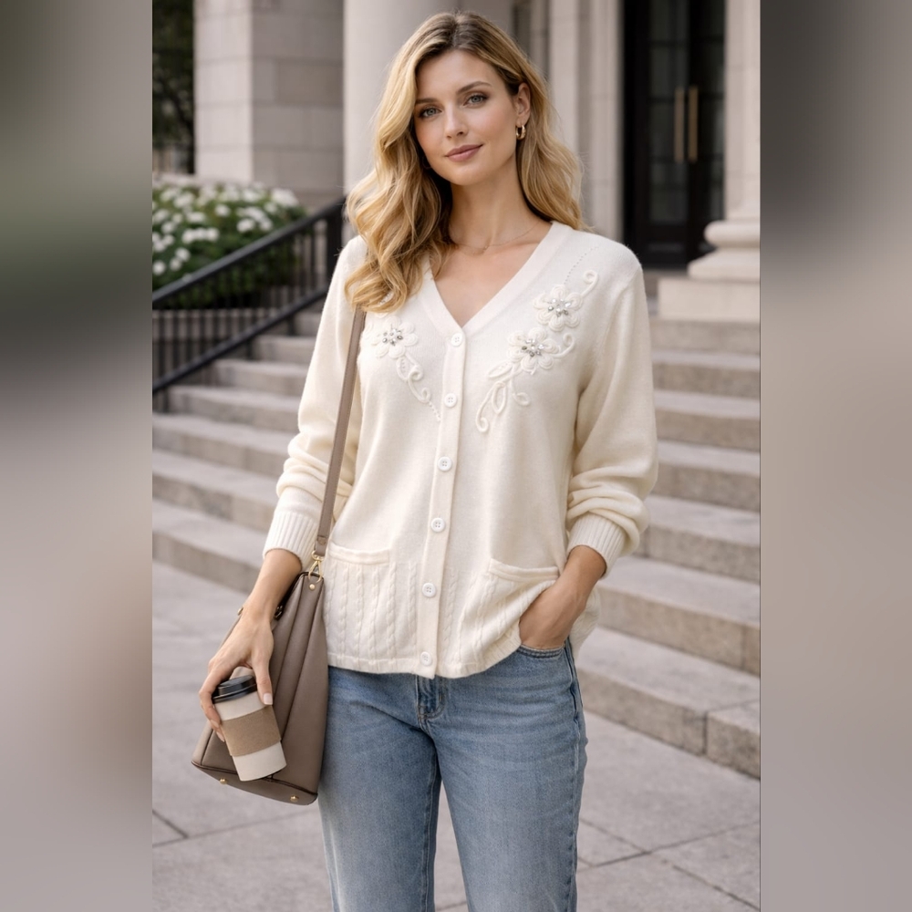 La Madona Women's Cream V-Neck Sweater with Floral Embroidery
